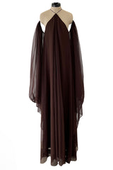 Extraordinary 1970s Yuki Brown Chiffon Caftan Dress w Open Shoulders & Incredible Sleeves