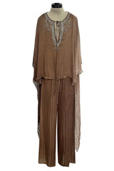 Amazing 1970s Unlabelled Feather Light Graduated Silk Ribbon Chiffon Cape Top & Wide Leg Pant Set