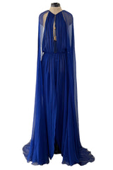 Exceptional Fall 2010 Emilio Pucci by Peter Dundas Look 42 Blue Silk Chiffon Caped Dress