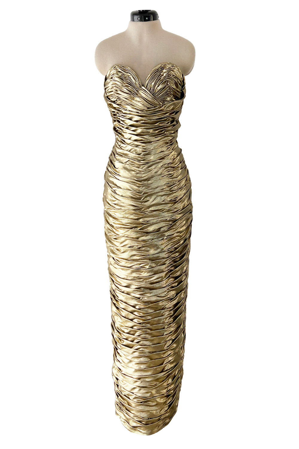 1989 Vicky Tiel Couture Metallic Gold Lame Gathered & Draped Strapless Shrimpton Couture 1989 Vicky Tiel Couture Metallic Gold Lame Gathered & Draped Strapless Shrimpton Couture