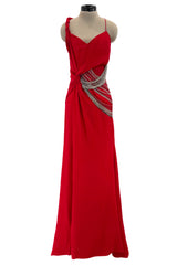 Fabulous 2000s Versace by Donatella Red Crepe Dress w Rhinestone & Silver Chain Detailing