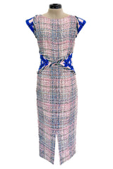 Incredible Spring 2018 Chanel by Karl Lagerfeld Runway Look 8 Pink & Blue Metallic Boucle Dress