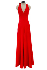 Amazing 1970s Halston Red Jersey Halter Neck Jumpsuit w Open Bare Back & Ultra Wide Legs