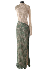 Dreamiest 1970s Geoffrey Beene One Shoulder Soft Blush Pink & Moss Green Corded Lace Dress