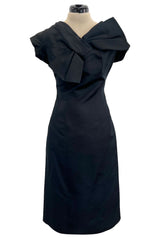 Fabulous Early 1960s Neusters Dior Feeling Black Silk Dress w Front Bow Detail