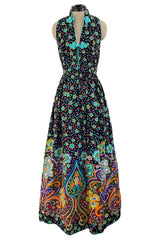 Prettiest Early 1970s Oscar de la Renta Floral Printed Halter Dress w Frog Knots & Open Back
