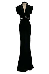 Minimalist Late 1990s Jean Louis Scherrer by Stephane Rolland Black Plunge Dress w Sequin Detailing