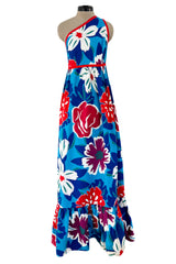 Prettiest 1977 Oscar de la Renta for Swirl One Shoulder Printed Bright Floral Cotton Dress w Ruffled Hem
