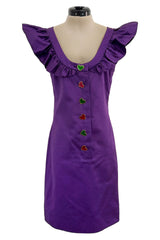 Spring 1992 Yves Saint Laurent Ad Campaign Purple Dress w Green & Red Enamel Heart Buttons