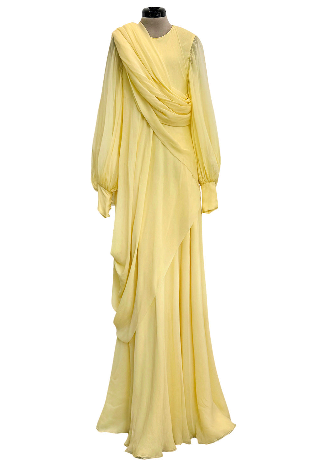 Exceptional 1970s George Stavropoulos Couture Bias Cut Grey Ribbon Silk Chiffon Dress w Sash
