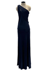 Minimalist 1990s Geoffrey Beene Deep Blue Silk Jersey One Shoulder Dress w Cut Out Details