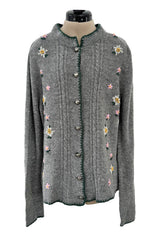 Wonderful 1980s Moser Deep Grey Colour Hand Knit Cardigan Sweater w Floral Details & Metal Buttons