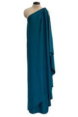 Prettiest 1978 Halston Dark Teal Jersey One Shoulder Draped Full Length Maxi Dress