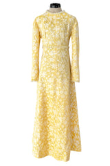 Prettiest 1960s Yves Saint Laurent Stoffler Fabrics Yellow Brocade Dress w Clear Beads