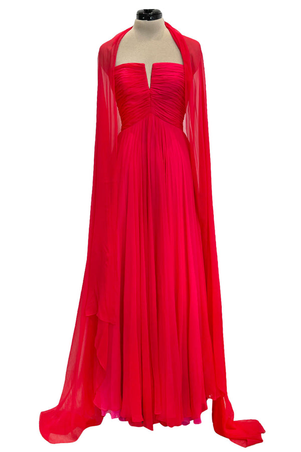 Beautiful Spring 1989 Bob Mackie Runway Red Silk Chiffon Dress & Cape w Inner Pink Layer