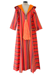 Incredible 1960s Josefa Striped Cotton Caftan Dress w Hood & Huge Orange Yarn Tassel Detailing