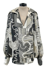 Beautiful & Rare 1970s Thea Porter Balloon Sleeve Grey Toned Printed Top w Pointed Collar