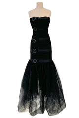 Spring 1987 Yves Saint Laurent Strapless Dotted Silk Net Dress w Rhinestone Detail & Full Lower Skirts