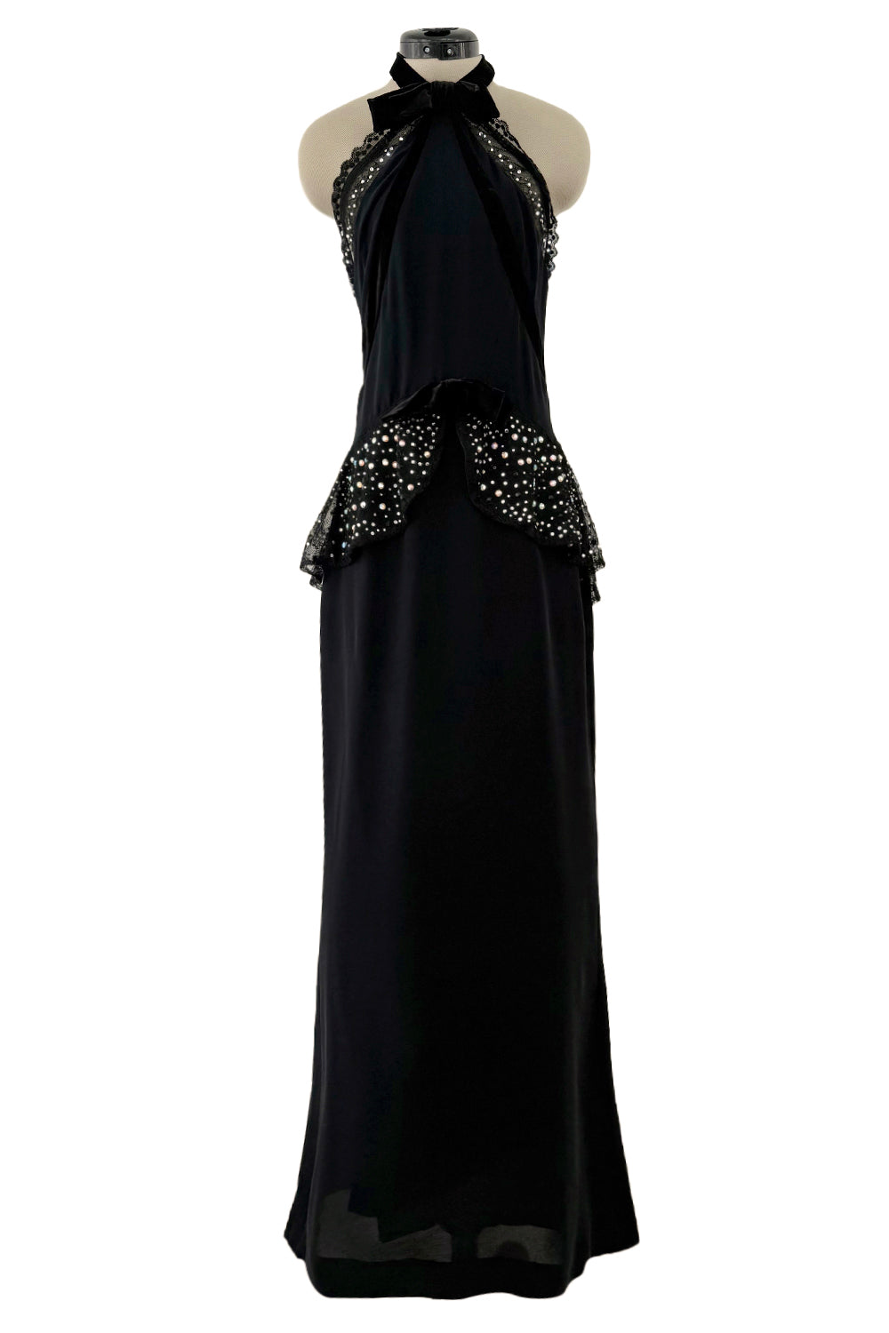 Phenomenal 1997 Christian Lacroix Black Silk Halter Dress w Rhinestone & Velvet Detailing Phenomenal 1997 Christian Lacroix Black Silk Halter Dress w Rhinestone & Velvet Detailing