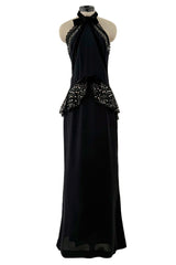 Phenomenal 1997 Christian Lacroix Black Silk Halter Dress w Rhinestone & Velvet Detailing