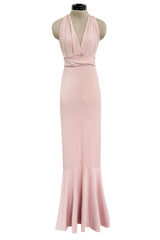 Prettiest 2000s Gianni Versace Pale Dusty Pink Plunge Stretch Jersey Halter Dress w Open Back
