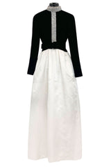 Early 1960s Harvey Berin Black Velvet & Ivory Silk Skirted Dress w Sparkling Beaded Detailing