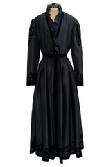 Early 1980s Louis Feraud Black Silk Tafetta Dress w Puff Shoulder Sleeves & Velvet Detailing