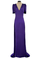 Beautiful 2007 Alexander McQueen Purple Bias Cut Liquid Silk Satin Dress w Amazing Sleeves