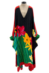 Fabulous 1980s Pauline Trigere Scarf Weight Silk Huge & Brillaint Coloured Floral Printed Caftan Dress