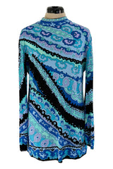 Chic Little 1970s Leonard Ocean Blues Printed Silk Jersey Untra Mini Dress or Tunic