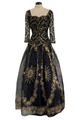 Fall 1995 Zandra Rhodes 'The Fairy Collection' Hand Painted Metallic Gold Lace & Silk Dress