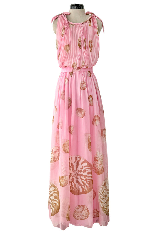 Romantic Spring 1974 Valentino Documented Pink Silk Chiffon Dress w the Iconic Shell Print