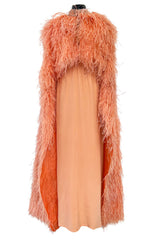 Documented 1960s Tiziani Couture by Karl Lagerfeld Peach Silk Plunge Dress w Matching Feather Cape