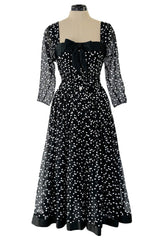 Prettiest Fall 1979 Christian Dior by Marc Bohan Black Silk Lace Net Dress w White  Sequins & Bows