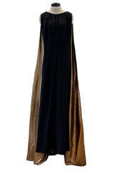 Striking Fall 1976 Chloe by Karl Lagerfeld Runway Documented Black Silk & Metallic Gold Caped Back Panel Dress