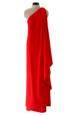 Prettiest 1978 Halston Red Jersey One Shoulder Draped Full Length Maxi Dress