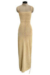 Amazing 1990s Gianni Versace Gold Metallic Knit Dress w Open or Lace up Back & Side Slit