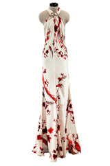 Spectacular Spring 2007 Roberto Cavalli Ivory & Coral Print Bias Cut Silk Dress w Twisted Halter Front & Low Back