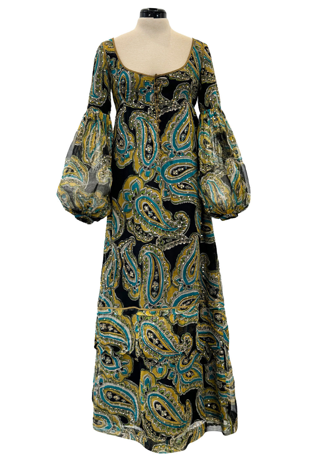 Rare 1960s Thea Porter Couture Printed Silk Chiffon Dress w Gold Sequi Shrimpton Couture Rare 1960s Thea Porter Couture Printed Silk Chiffon Dress w Gold Sequi Shrimpton Couture