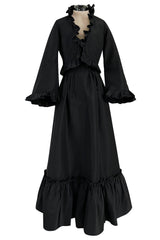 Dreamy 1980s Valentino Black Silk Wide Ruffled Hem Dress w Matching Wide Bell Sleeve Cropped Jacket