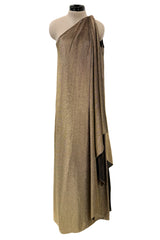 1978 Halston One Shoulder Draped Gold Metallic Jersey Dress