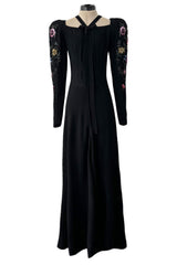 Prettiest 1920s Hickson Inc. Black Moss Crepe Dress w Tie Neck & Hand Sequinned Sleeves