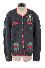 Prettiest 1980s Wolkenstricker Charcoal Colour Hand Knit Cardigan Sweater w Floral Details