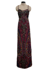 Exquisite 1965-66 James Galanos Couture Heavily Hand Beaded & Sequined Silk Print Dress