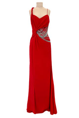 Fabulous 2000s Versace by Donatella Red Crepe Dress w Rhinestone & Silver Chain Detailing