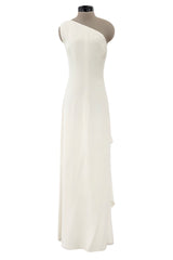 2010s Valentino Ivory Silk Crepe One Shoulder Dress w Draped Back & Rhinestone Buckle