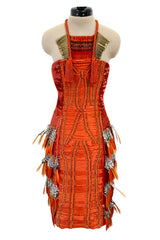 Iconic Spring 2011 Gucci by Frida Giannini Runway Look 41 Burnt Orange Silk Cord, Brass & Feather Dress