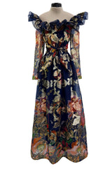 Prettiest 1960s Oscar de la Renta Metallic Thread Detailed Silk Organza Printed Off Shoulder Dress