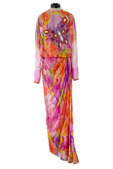 Extraordinary 1970s James Galanos Couture Floral Print Silk Chiffon Dress w Beaded Butterfly Detailing