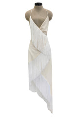 Recent Givenchy Ivory Crepe Silk Wrapped Angled Hem Dress w Cascading White Fringe